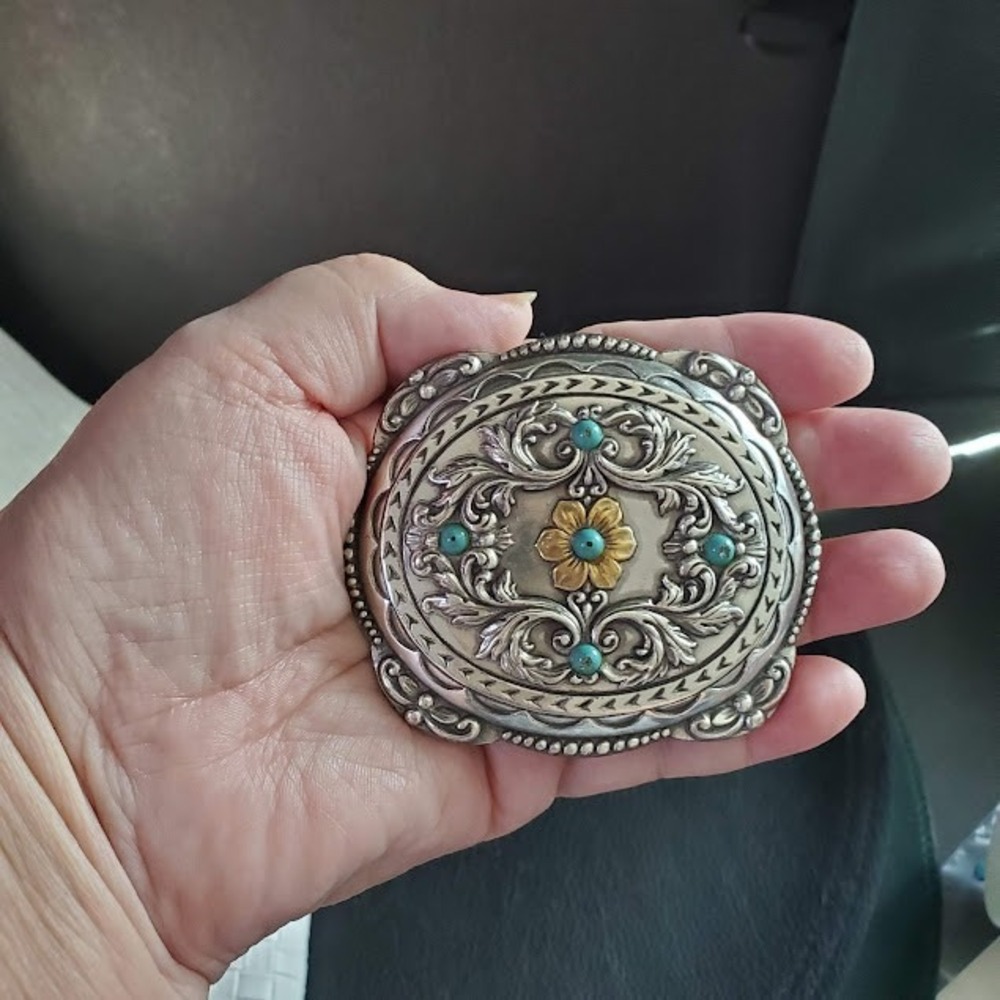 Western Floral Belt Buckle Silver Gold Tone Faux Turquoise Accents Filigree